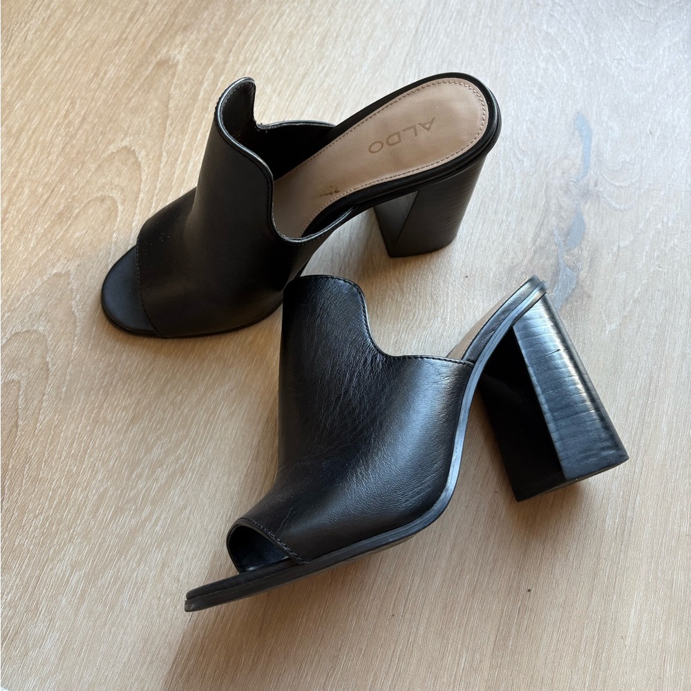 Aldo Black Leather Block Heel Mules